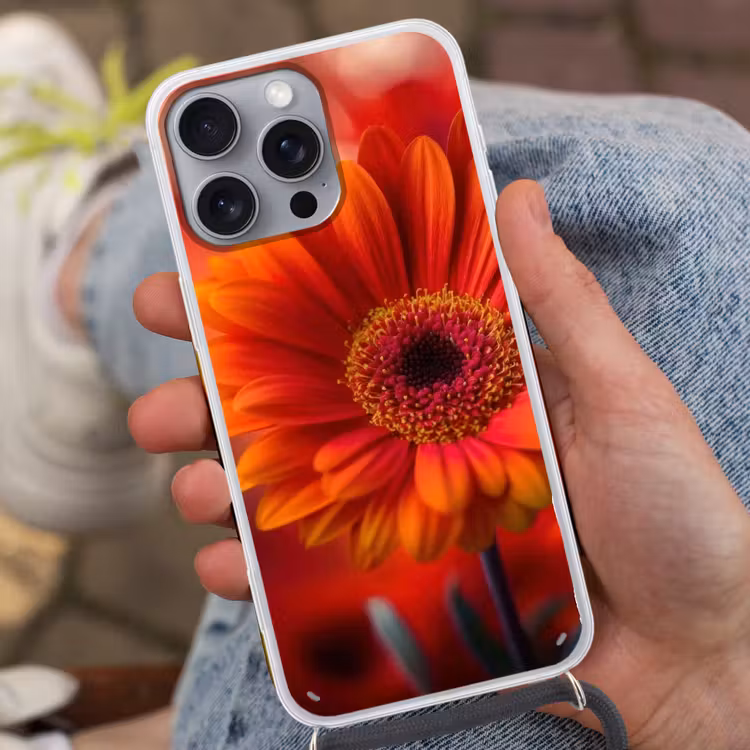 Oranje - Gerbera - Intens Hoesje iPhone 16 Pro Max met koord klein -sfeer3