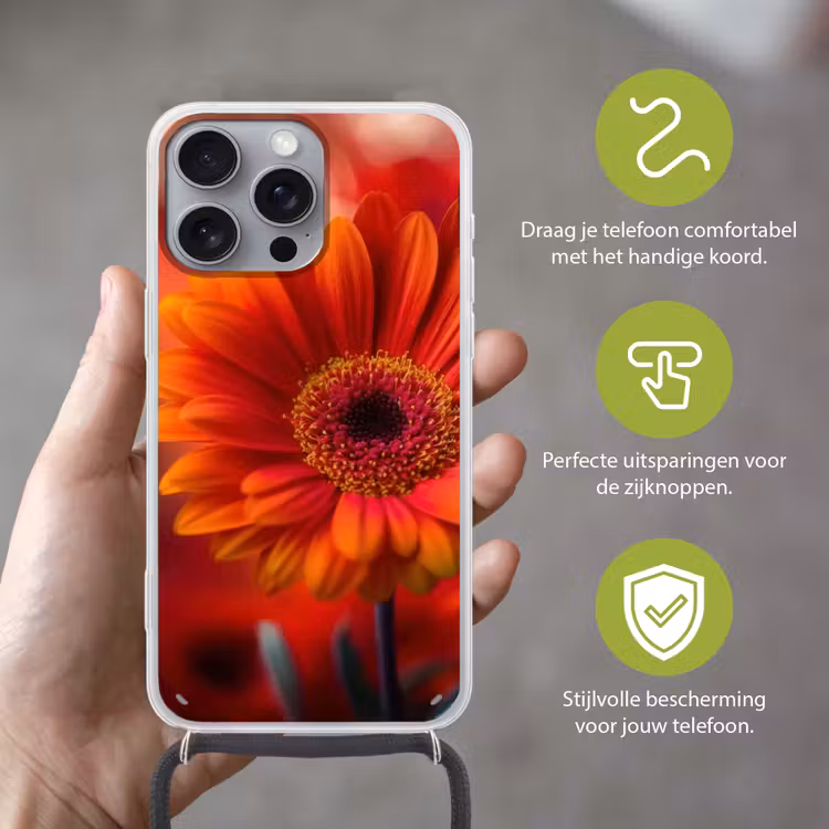 Oranje - Gerbera - Intens Hoesje iPhone 16 Pro Max met koord klein -sfeer2_NL