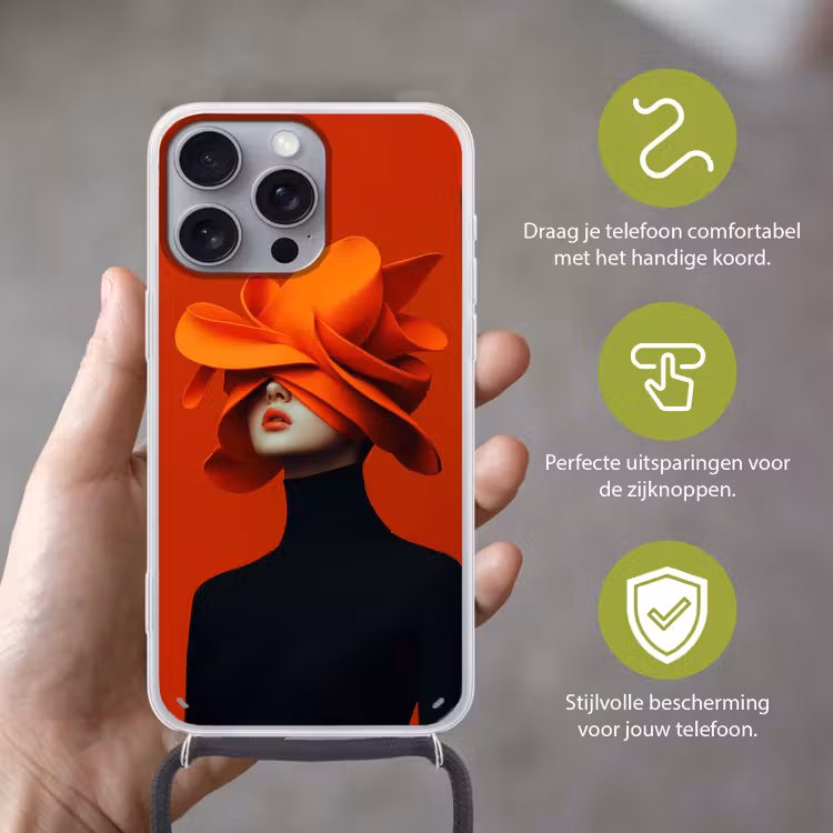 Oranje - Hoed - Vrouw Hoesje iPhone 16 Pro Max met koord klein -sfeer2_NL