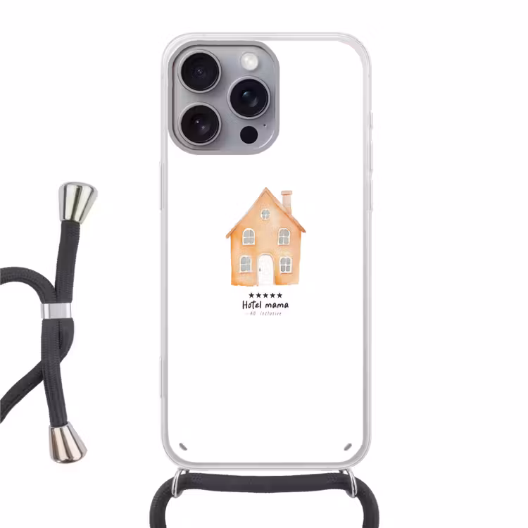 Oranje - Huisje - Quote - Hotel Hoesje iPhone 16 Pro Max met koord klein -3d