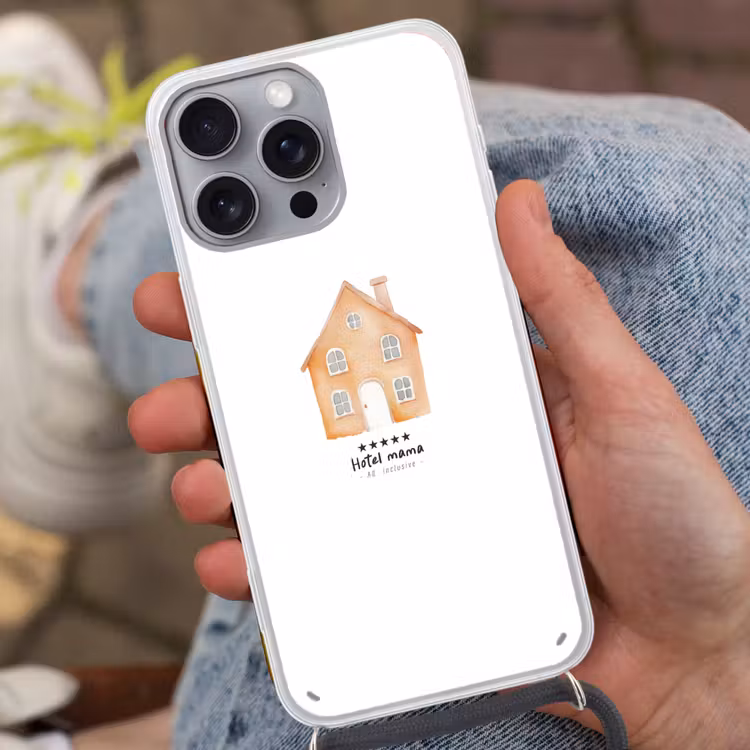 Oranje - Huisje - Quote - Hotel Hoesje iPhone 16 Pro Max met koord klein -sfeer3