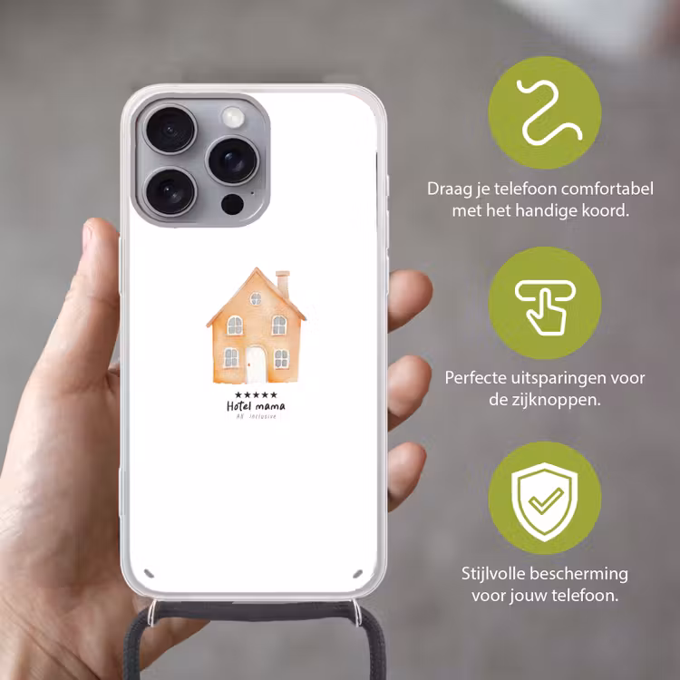 Oranje - Huisje - Quote - Hotel Hoesje iPhone 16 Pro Max met koord klein -sfeer2_NL