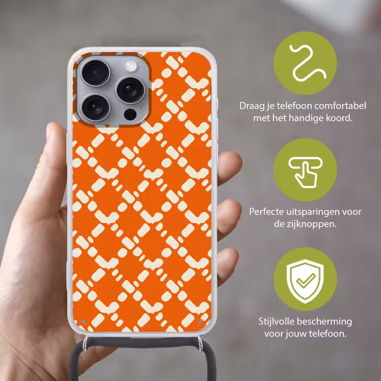 Oranje - Ruitpatroon - Wit Hoesje iPhone 16 Pro Max met koord klein 804 -sfeer2_NL