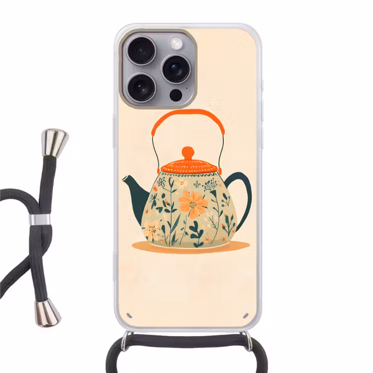 Oranje - Theepot - Bloemen - Bladeren Hoesje iPhone 16 Pro Max met koord klein -3d