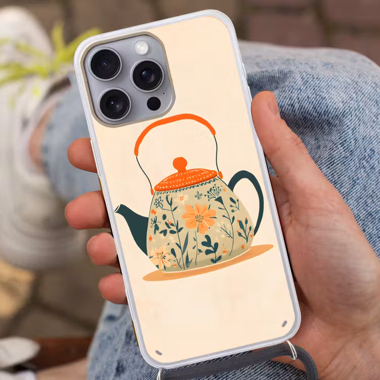Oranje - Theepot - Bloemen - Bladeren Hoesje iPhone 16 Pro Max met koord klein -sfeer3