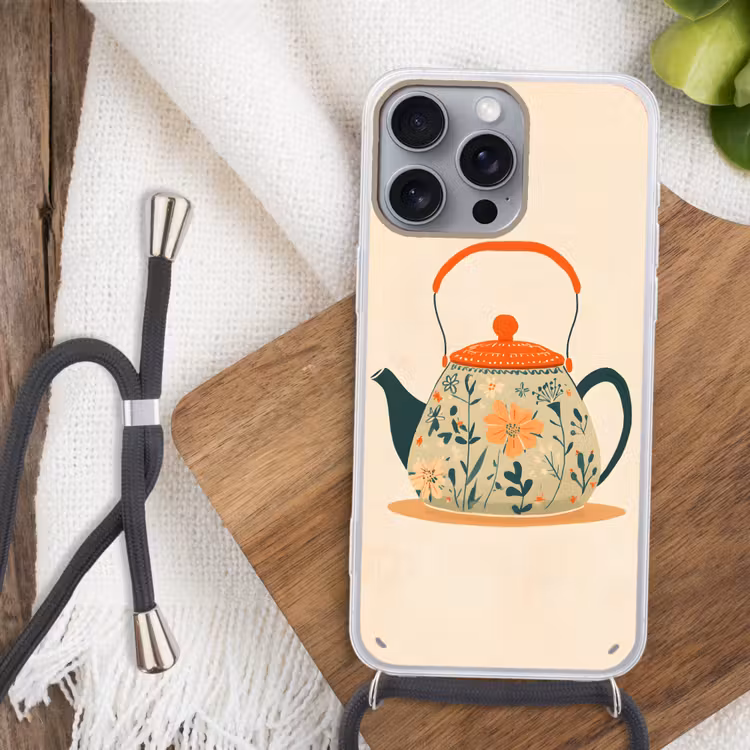 Oranje - Theepot - Bloemen - Bladeren Hoesje iPhone 16 Pro Max met koord klein -sfeer4