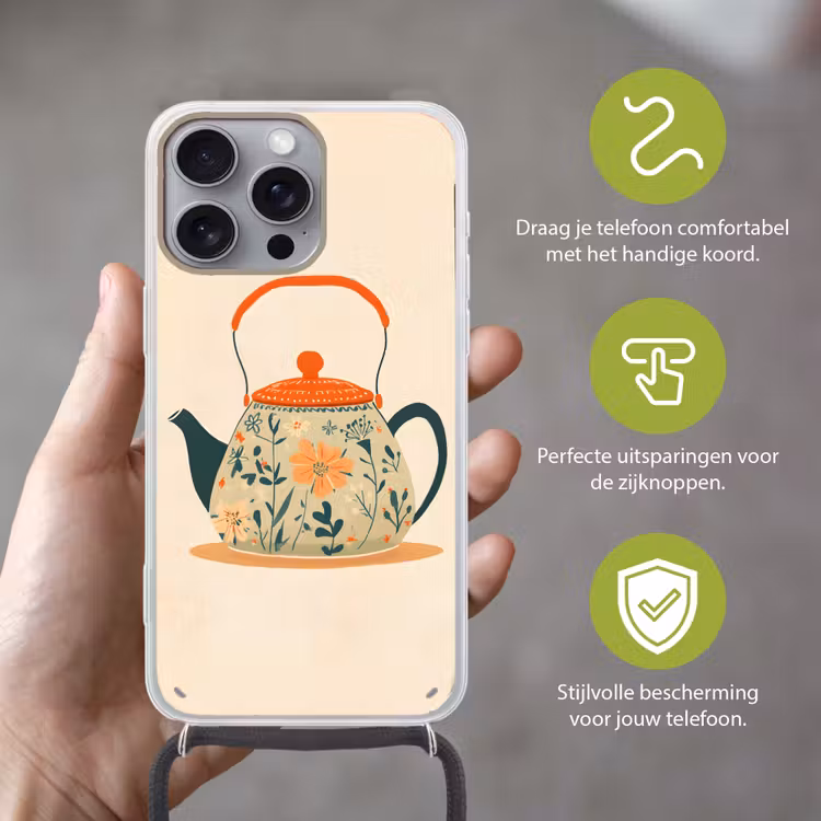 Oranje - Theepot - Bloemen - Bladeren Hoesje iPhone 16 Pro Max met koord klein -sfeer2_NL