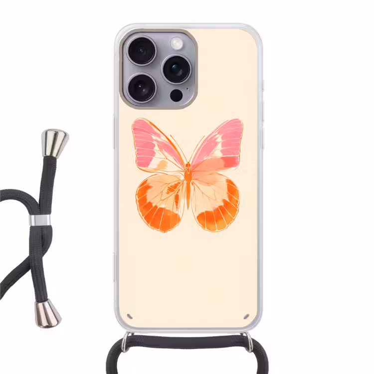Oranje - Vlinder - Minimalistisch Hoesje iPhone 16 Pro Max met koord klein -3d