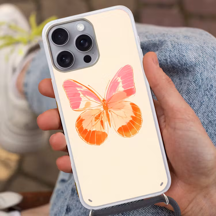 Oranje - Vlinder - Minimalistisch Hoesje iPhone 16 Pro Max met koord klein -sfeer3