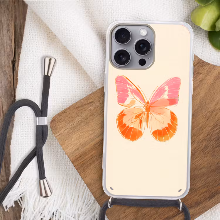 Oranje - Vlinder - Minimalistisch Hoesje iPhone 16 Pro Max met koord klein -sfeer4