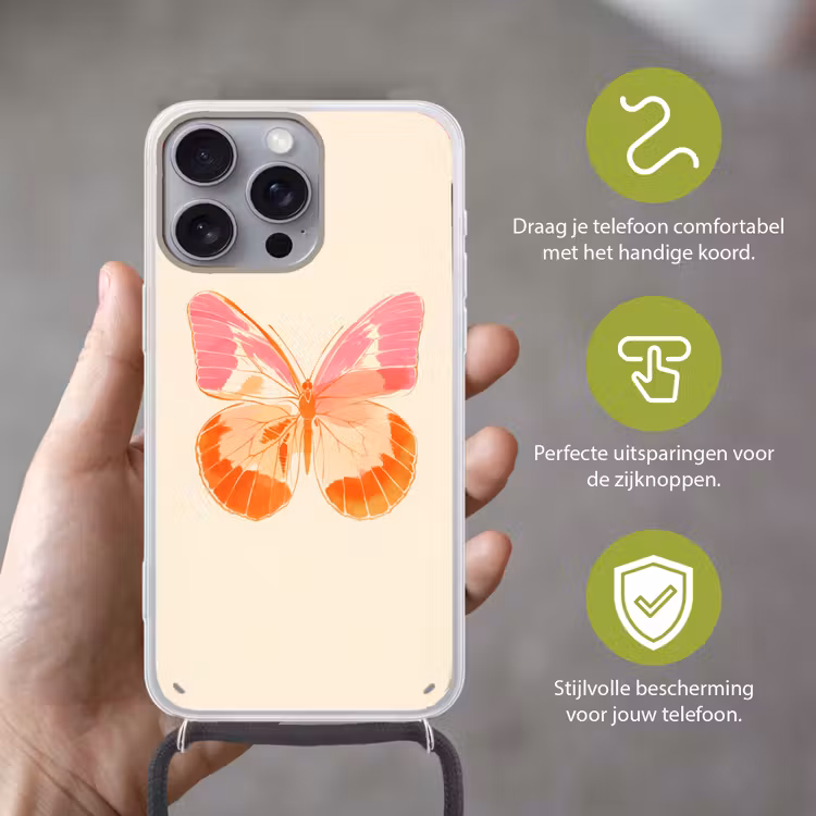 Oranje - Vlinder - Minimalistisch Hoesje iPhone 16 Pro Max met koord klein -sfeer2_NL