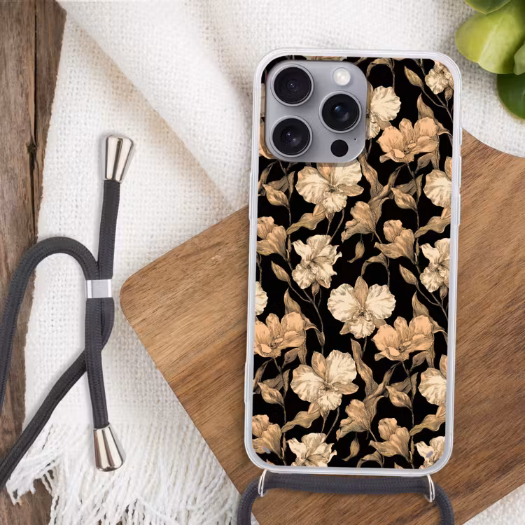 Orchideeën - Lijntekening - Patroon - Beige - Zwart Hoesje iPhone 16 Pro Max met koord klein 804 -sfeer4