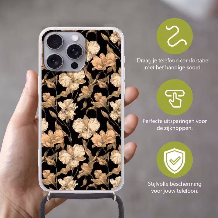 Orchideeën - Lijntekening - Patroon - Beige - Zwart Hoesje iPhone 16 Pro Max met koord klein 804 -sfeer2_NL