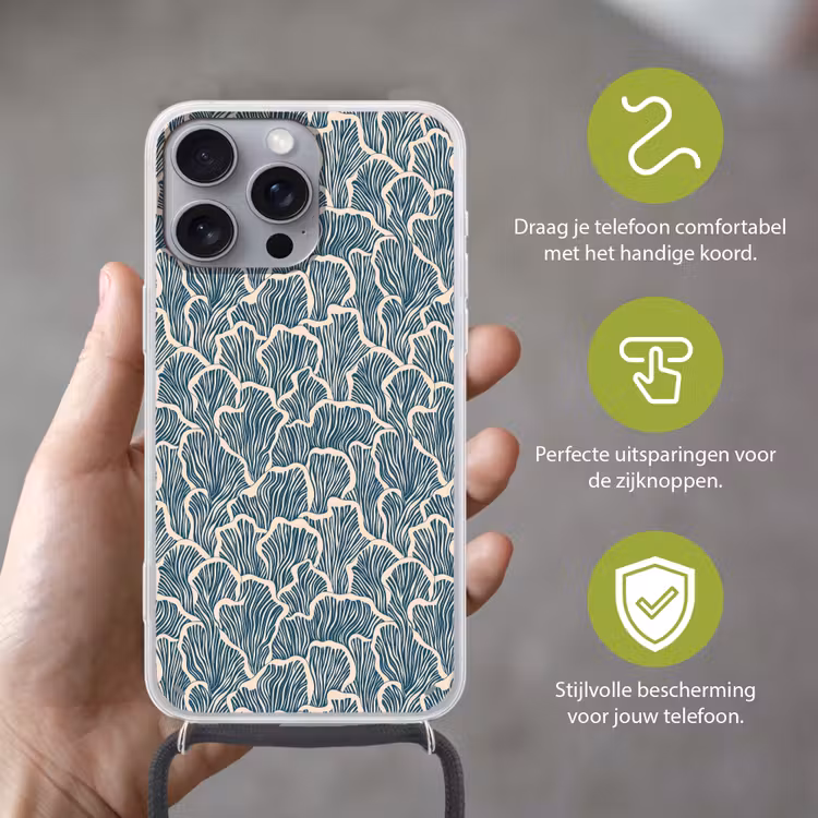 Organisch - Blauw - Crème - Schelpen Hoesje iPhone 16 Pro Max met koord klein 804 -sfeer2_NL