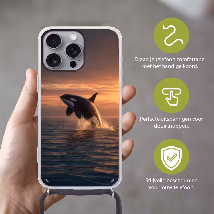 Orka - Zee - Zonsondergang Hoesje iPhone 16 Pro Max met koord klein -sfeer2_NL