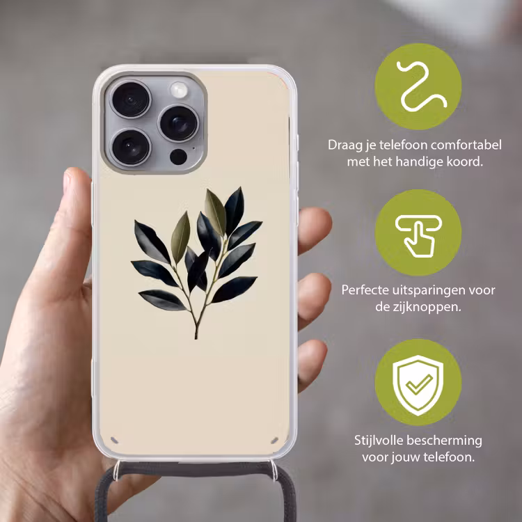 Ovaal - Olijfgroen - Simpel Hoesje iPhone 16 Pro Max met koord klein -sfeer2_NL