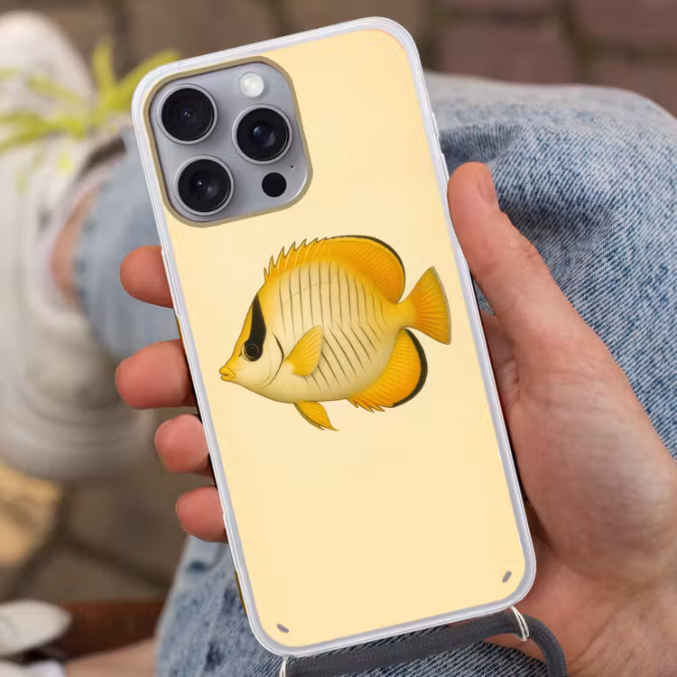 Ovaal - Vis - Geel - Schubben Hoesje iPhone 16 Pro Max met koord klein -sfeer3