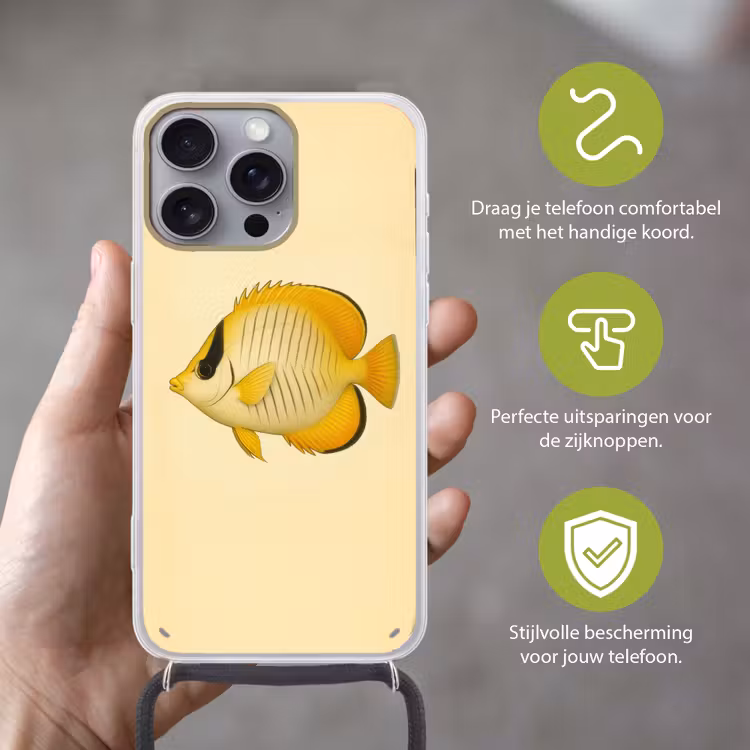 Ovaal - Vis - Geel - Schubben Hoesje iPhone 16 Pro Max met koord klein -sfeer2_NL