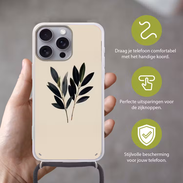 Ovaalvormige bladeren - Diep groen - Symmetrisch Hoesje iPhone 16 Pro Max met koord klein -sfeer2_NL