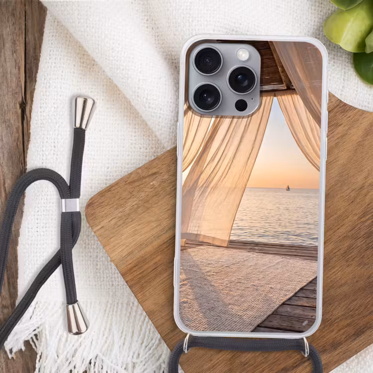 Overkapping - Zee - Zonsondergang - Vakantie - Rust Hoesje iPhone 16 Pro Max met koord klein -sfeer4