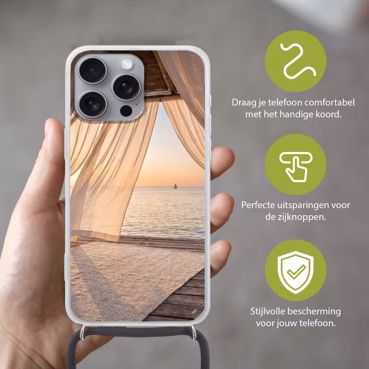 Overkapping - Zee - Zonsondergang - Vakantie - Rust Hoesje iPhone 16 Pro Max met koord klein -sfeer2_NL