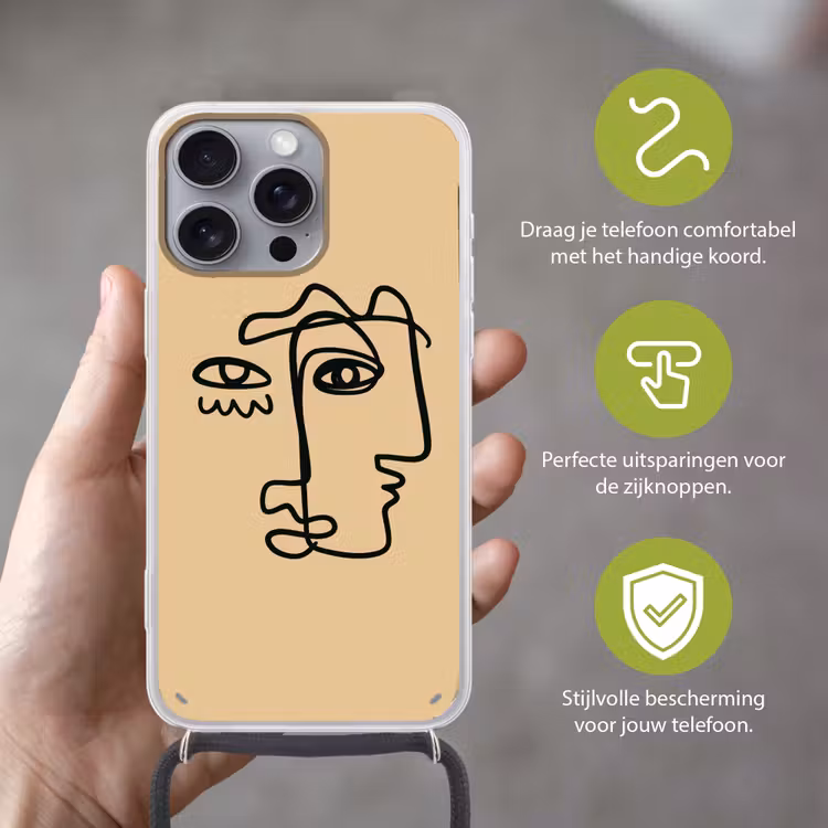 Overlappende profielen - Lichtbruin - Zwart Hoesje iPhone 16 Pro Max met koord klein -sfeer2_NL