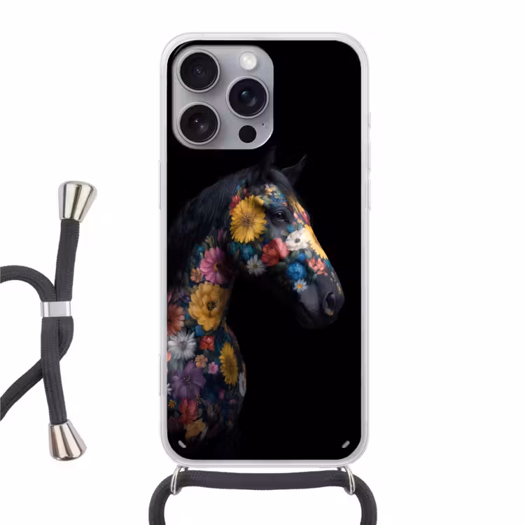 Paard - Bloemen - Zwart Hoesje iPhone 16 Pro Max met koord klein -3d