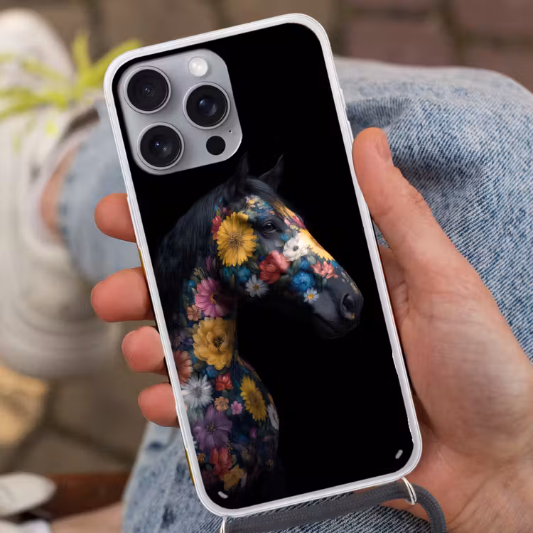 Paard - Bloemen - Zwart Hoesje iPhone 16 Pro Max met koord klein -sfeer3
