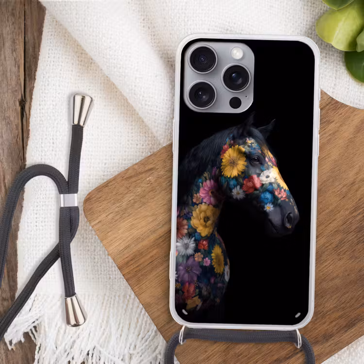 Paard - Bloemen - Zwart Hoesje iPhone 16 Pro Max met koord klein -sfeer4