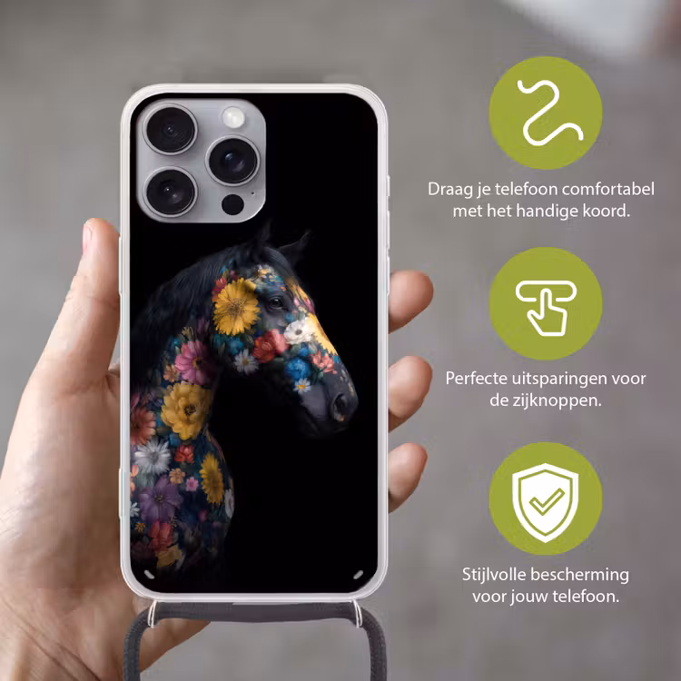 Paard - Bloemen - Zwart Hoesje iPhone 16 Pro Max met koord klein -sfeer2_NL