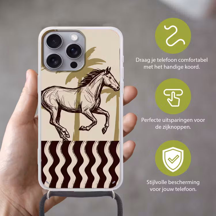 Paard - Galopperend - Woestijn - Illustratie Hoesje iPhone 16 Pro Max met koord klein -sfeer2_NL