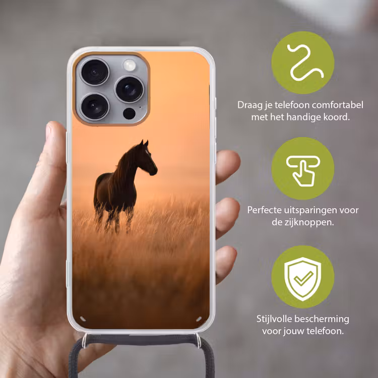 Paard - Grasveld - Zonsondergang Hoesje iPhone 16 Pro Max met koord klein -sfeer2_NL