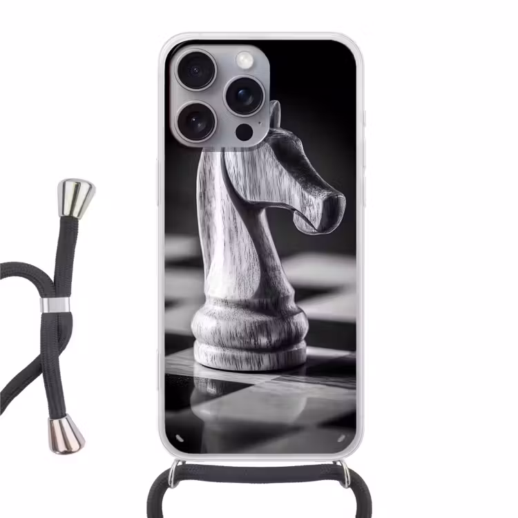 Paard - Hout - Schaalbord - Zwart Hoesje iPhone 16 Pro Max met koord klein -3d