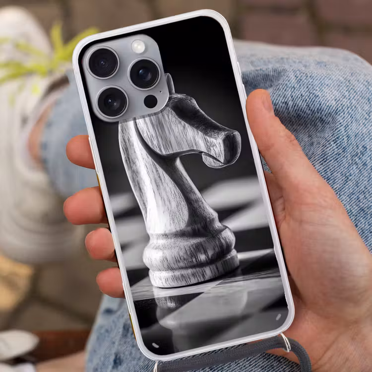 Paard - Hout - Schaalbord - Zwart Hoesje iPhone 16 Pro Max met koord klein -sfeer3
