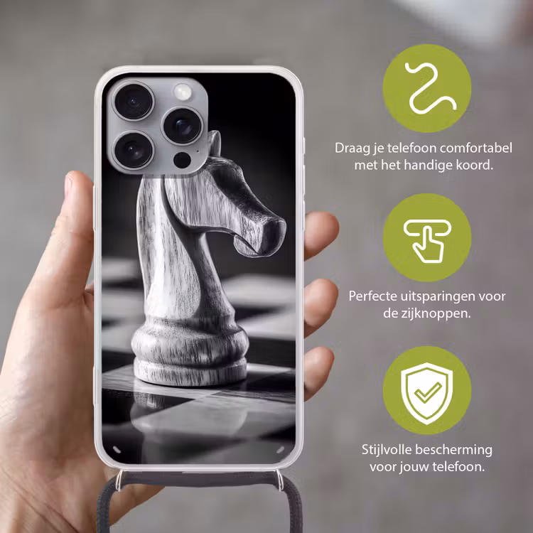 Paard - Hout - Schaalbord - Zwart Hoesje iPhone 16 Pro Max met koord klein -sfeer2_NL