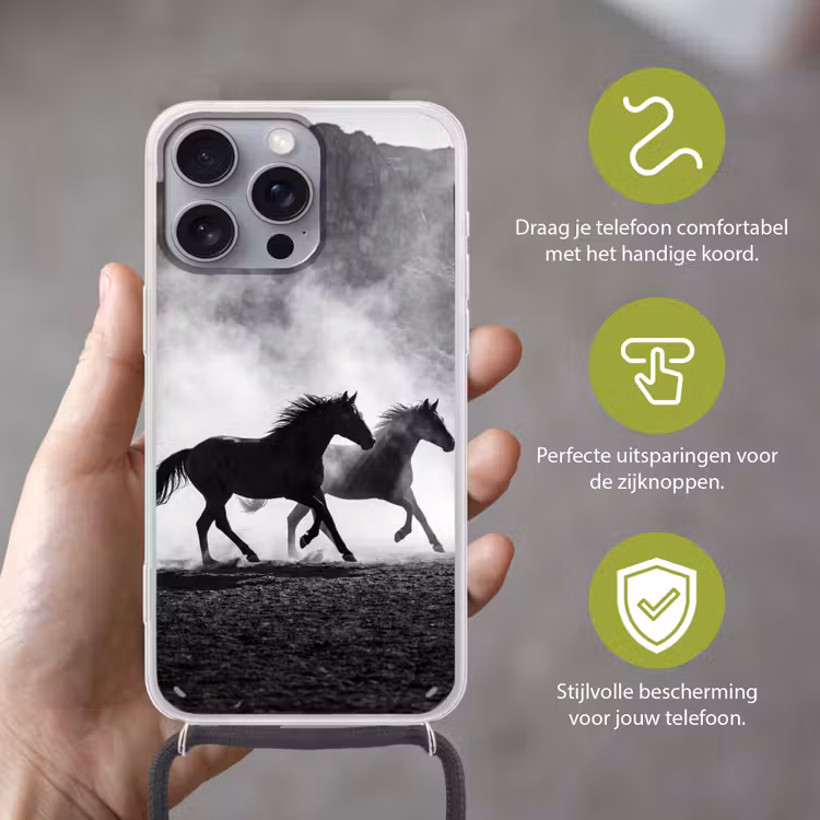 Paard - Ren - Stof - Zwart-wit - Dieren Hoesje iPhone 16 Pro Max met koord klein -sfeer2_NL