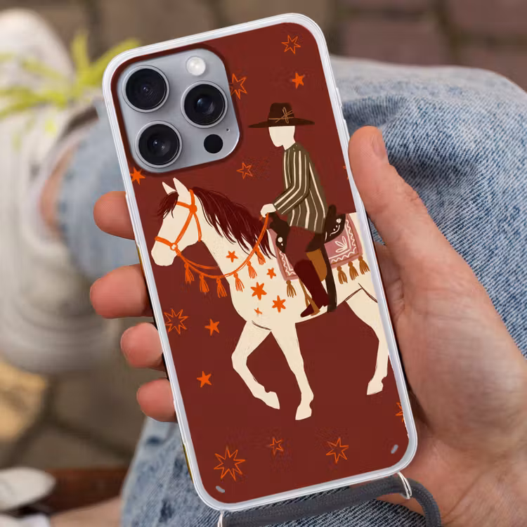 Paard - Ruiter - Sterren - Nacht - Illustratie Hoesje iPhone 16 Pro Max met koord klein -sfeer3