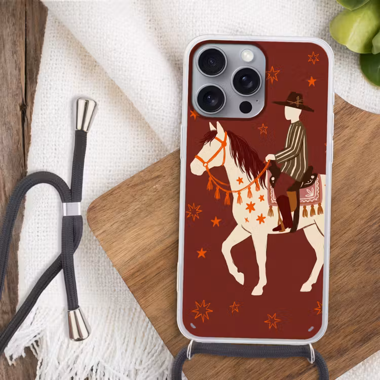 Paard - Ruiter - Sterren - Nacht - Illustratie Hoesje iPhone 16 Pro Max met koord klein -sfeer4