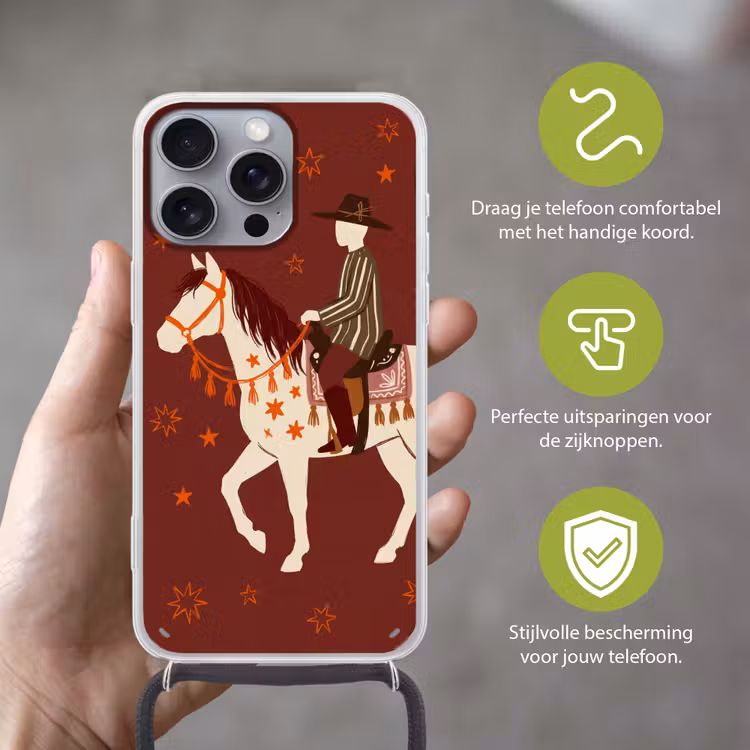 Paard - Ruiter - Sterren - Nacht - Illustratie Hoesje iPhone 16 Pro Max met koord klein -sfeer2_NL