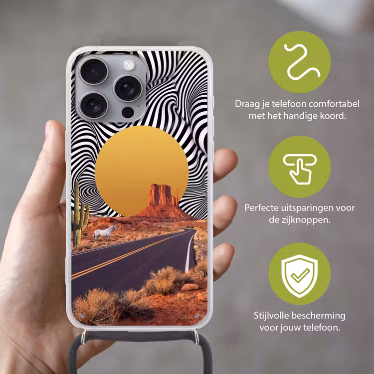 Telefoonhoesje met koord - Paard - Woestijn - Natuur - Paard - Woestijn - Natuur Hoesje iPhone 16 Pro Max met koord klein