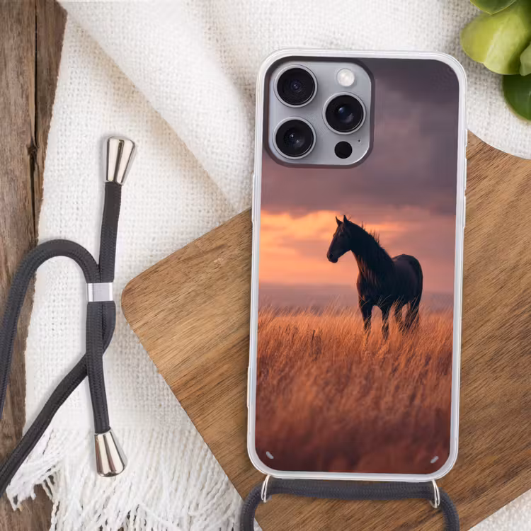 Paard - Wolken - Open veld Hoesje iPhone 16 Pro Max met koord klein -sfeer4