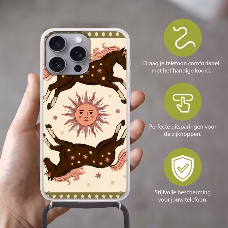 Paard - Zon - Mystiek - Illustratie - Roze Hoesje iPhone 16 Pro Max met koord klein -sfeer2_NL