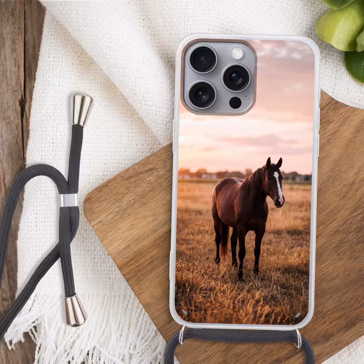 Paard - Zonsondergang - Bruin Hoesje iPhone 16 Pro Max met koord klein -sfeer4