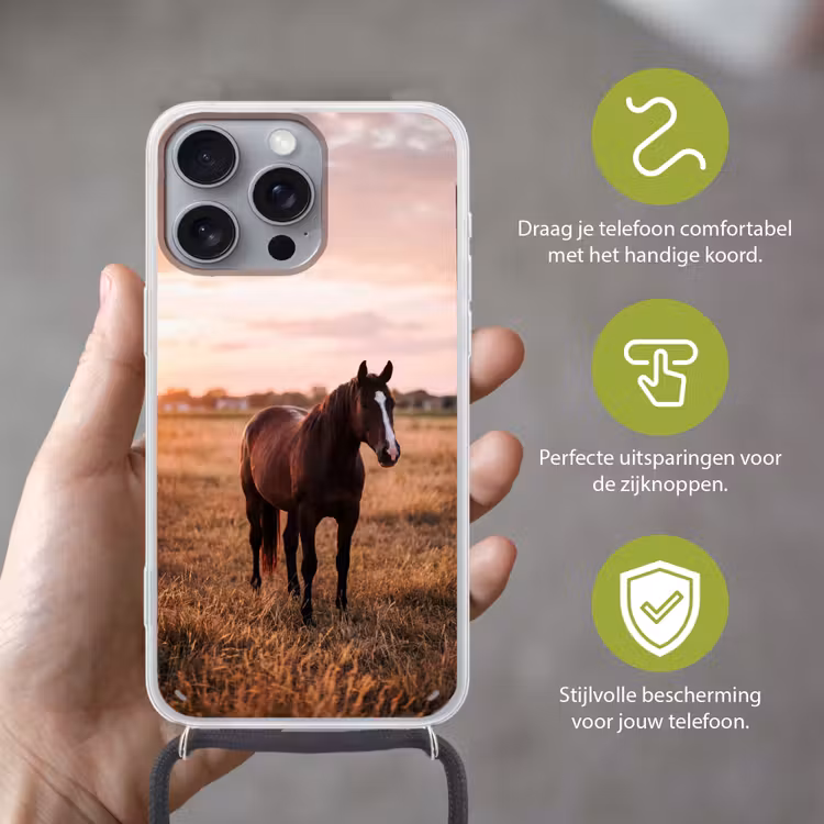 Paard - Zonsondergang - Bruin Hoesje iPhone 16 Pro Max met koord klein -sfeer2_NL