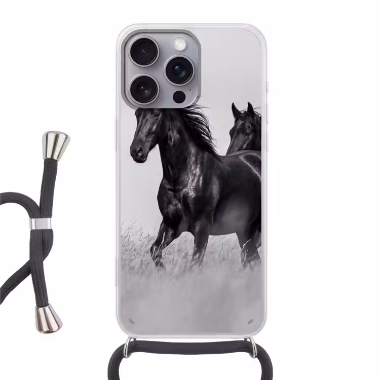 Paarden - Gras - Zwart - Wit Hoesje iPhone 16 Pro Max met koord klein -3d