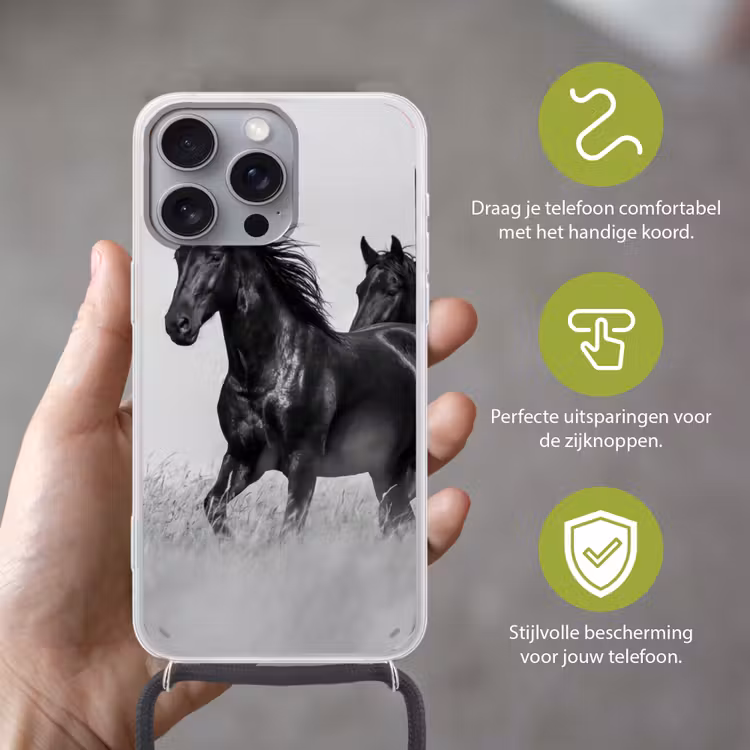 Paarden - Gras - Zwart - Wit Hoesje iPhone 16 Pro Max met koord klein -sfeer2_NL