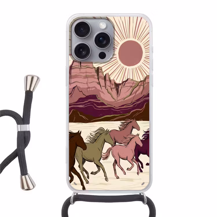 Paarden - Rennend - Woestijn - Natuur - Abstract Hoesje iPhone 16 Pro Max met koord klein -3d