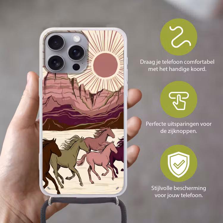 Paarden - Rennend - Woestijn - Natuur - Abstract Hoesje iPhone 16 Pro Max met koord klein -sfeer2_NL