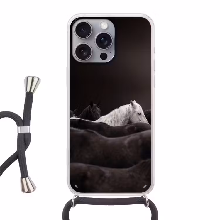 Paarden - Zwart - Wit - Kudde Hoesje iPhone 16 Pro Max met koord klein -3d