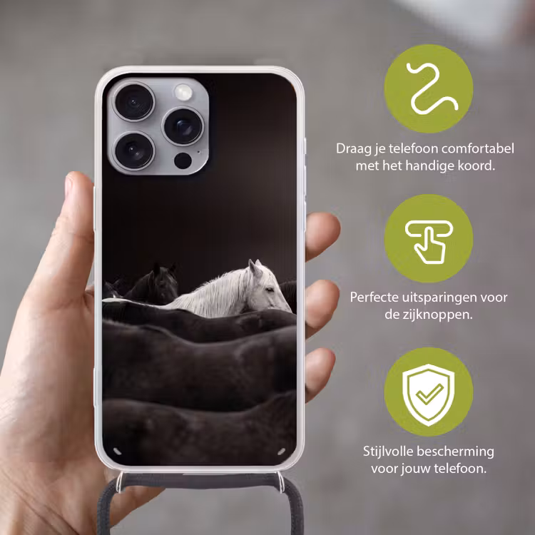 Paarden - Zwart - Wit - Kudde Hoesje iPhone 16 Pro Max met koord klein -sfeer2_NL